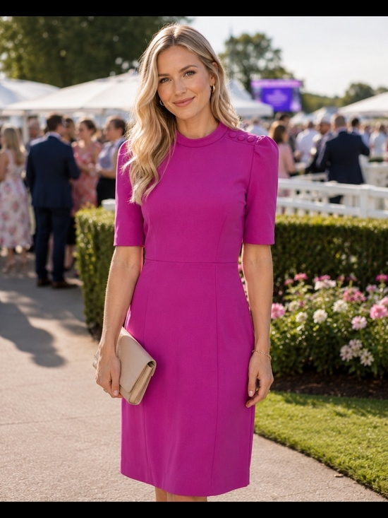 Donna Morgan Dresses & Skirts - Donna Morgan Fuchsia Midi Sheath Dress with Button-Trim Shoulder